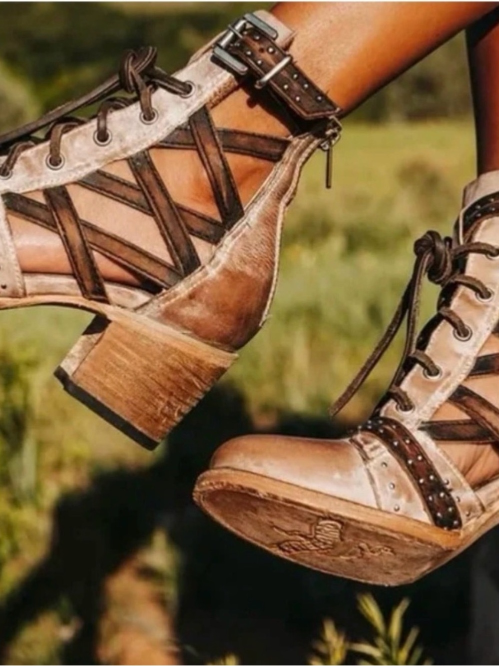 Freebird by Steven Two-Tone Brown Lace-Up Cutout Ankle Boots